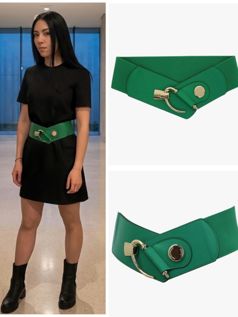 Leather Wide Green Cinch Waist Belt Hook & Dagger Clasp Made in France Size L